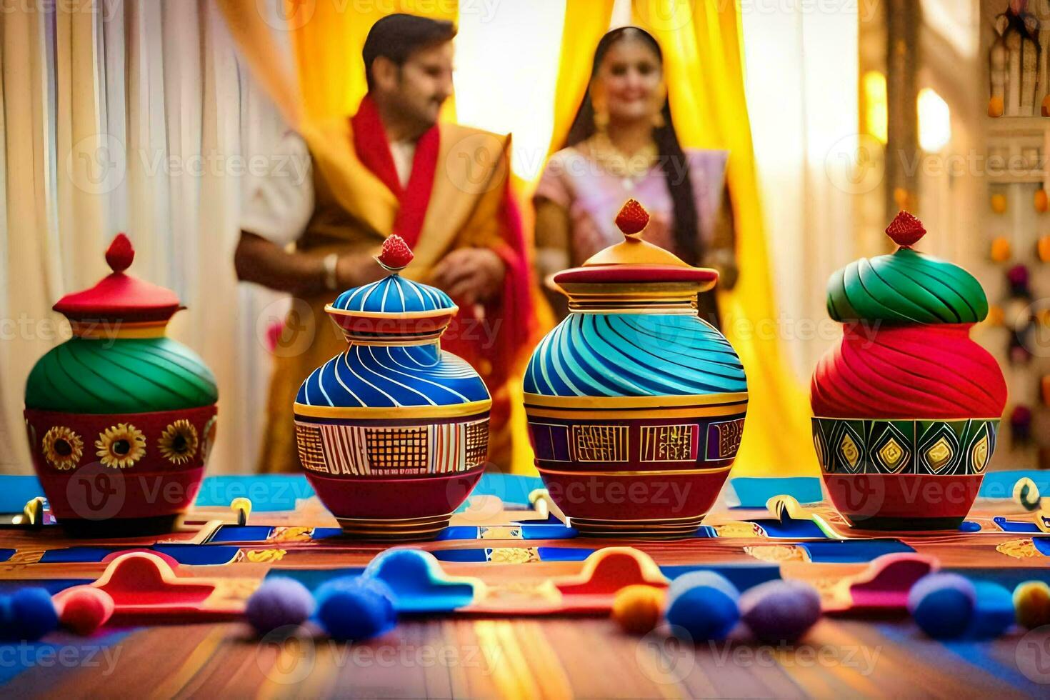 a couple standing in front of colorful pots. AI-Generated photo