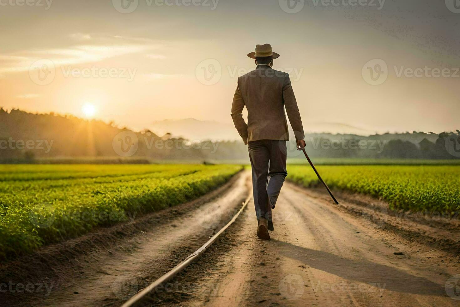 a man in a suit walks down a dirt road with a cane. AI-Generated photo