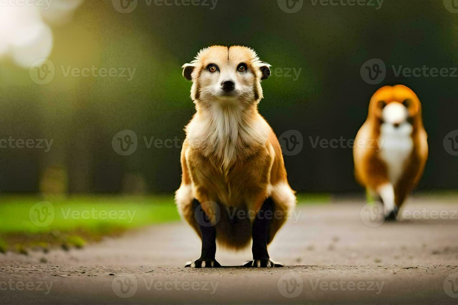 two dogs are standing on the road. AI-Generated photo