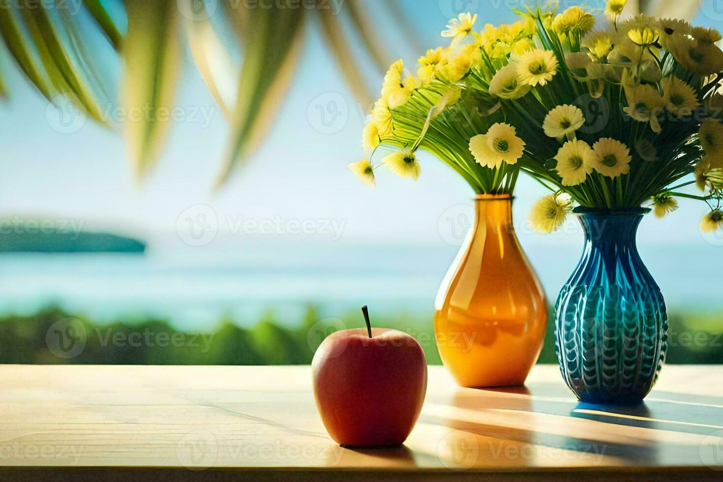 flowers in vases and an apple on a table. AI-Generated photo