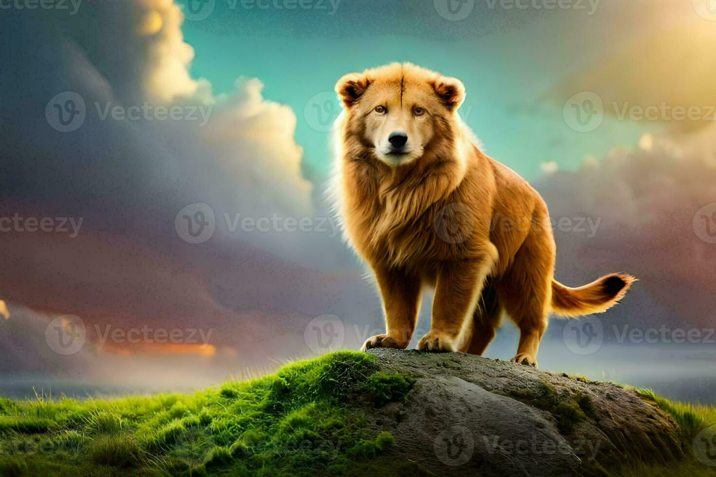 a golden dog standing on a rock in front of a cloudy sky. AI-Generated photo