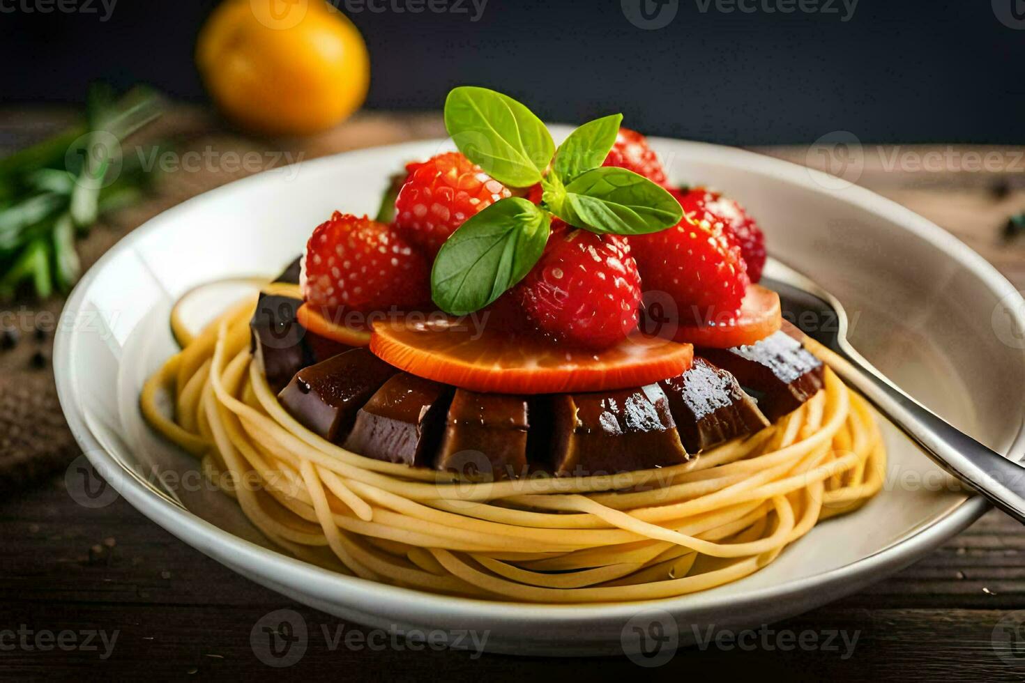 spaghetti with tomatoes and strawberries on a plate. AI-Generated photo