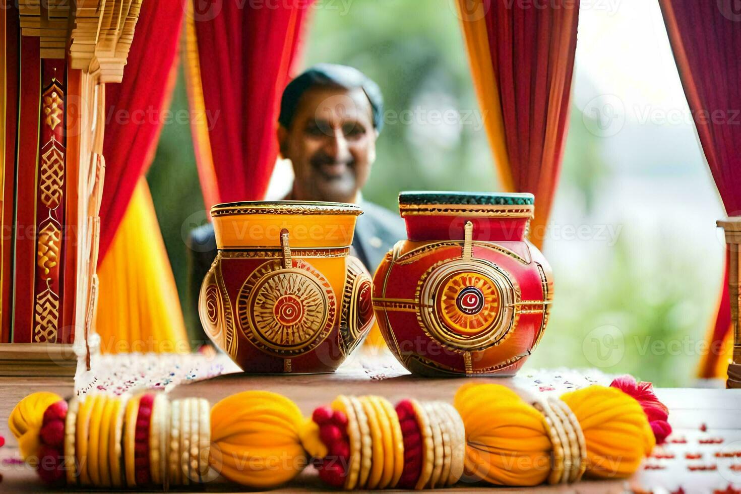 a man in a suit sits in front of two pots. AI-Generated photo