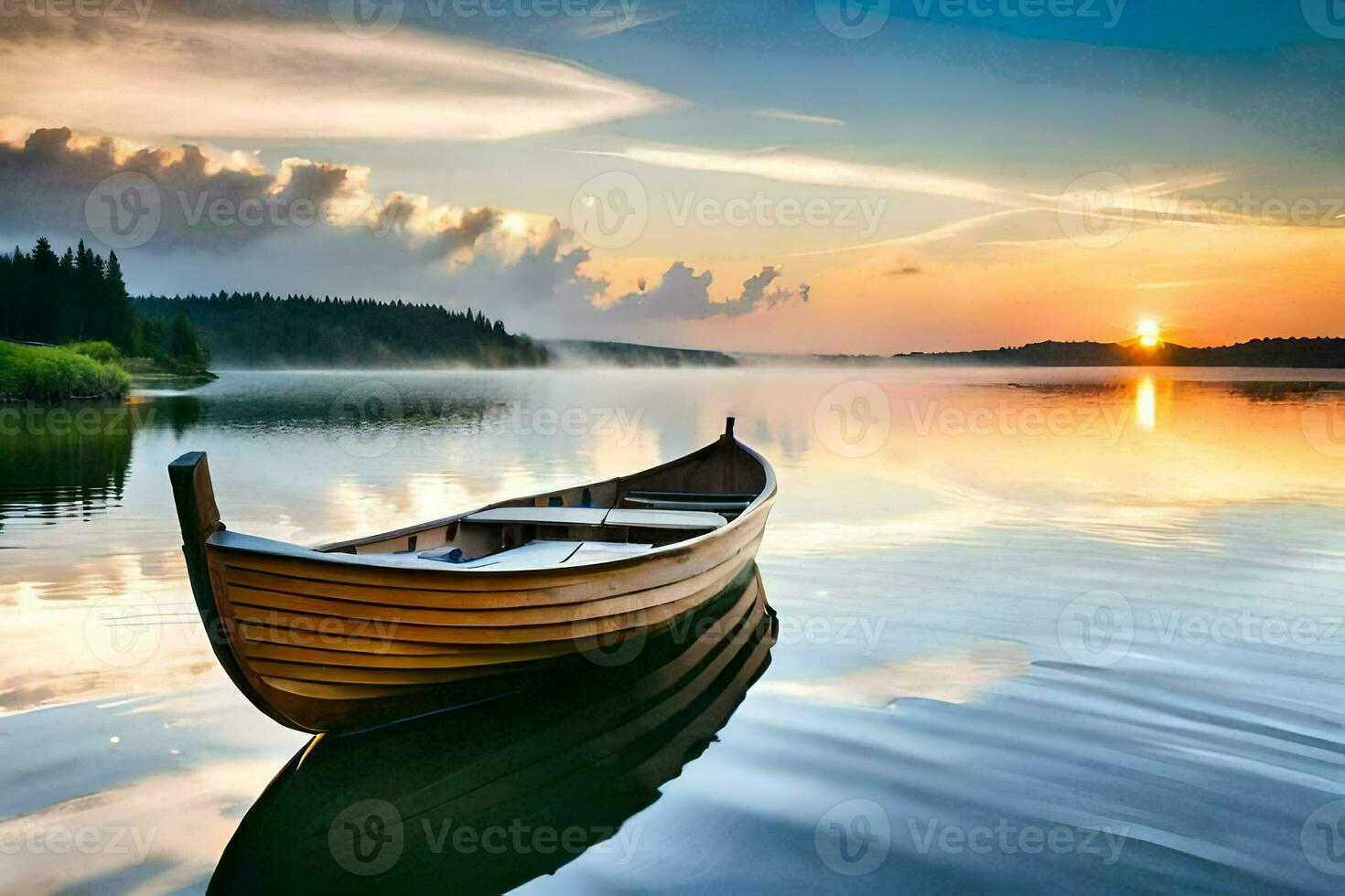 a boat on the water at sunset. AI-Generated photo