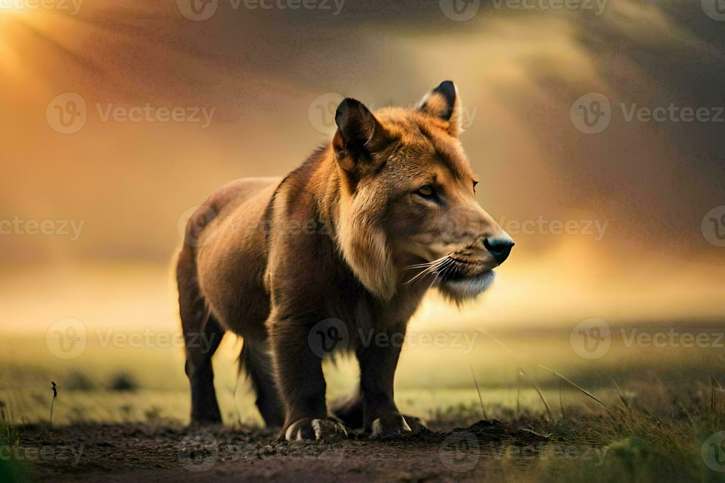 a lion standing in the middle of a field. AI-Generated photo