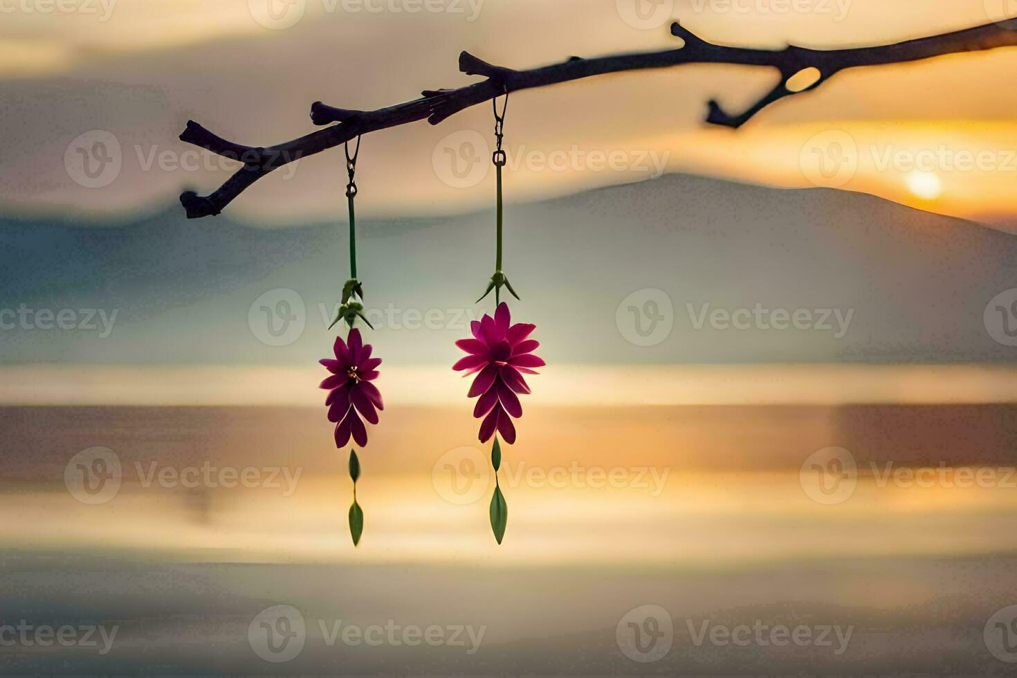 two pink flowers hanging from a branch in front of a lake. AI-Generated photo