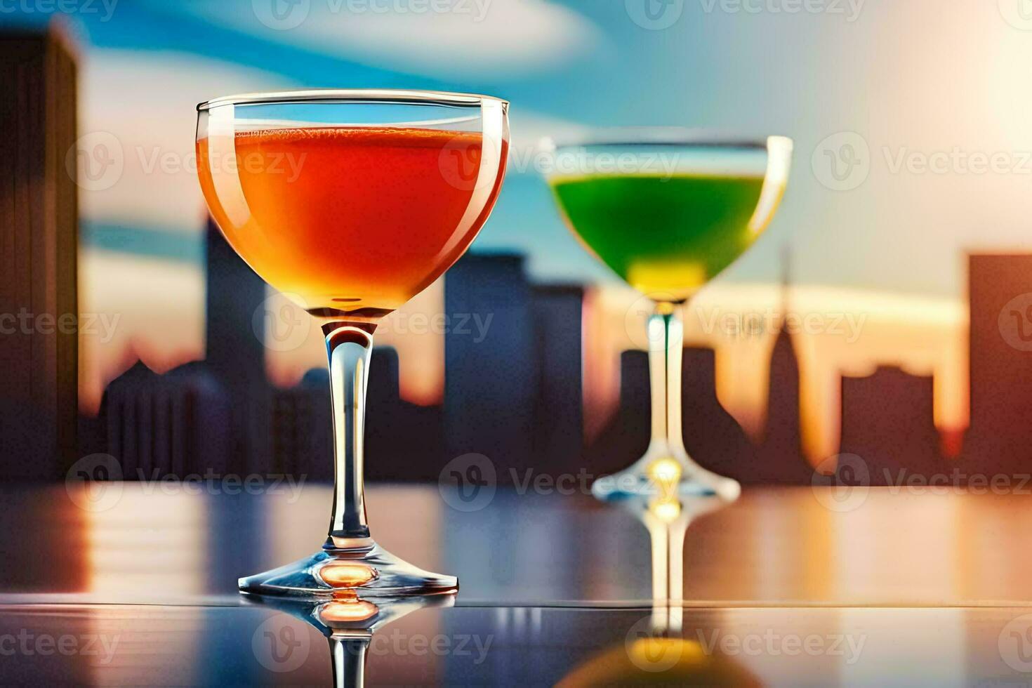 two glasses of cocktails on a table with cityscape in the background. AI-Generated photo