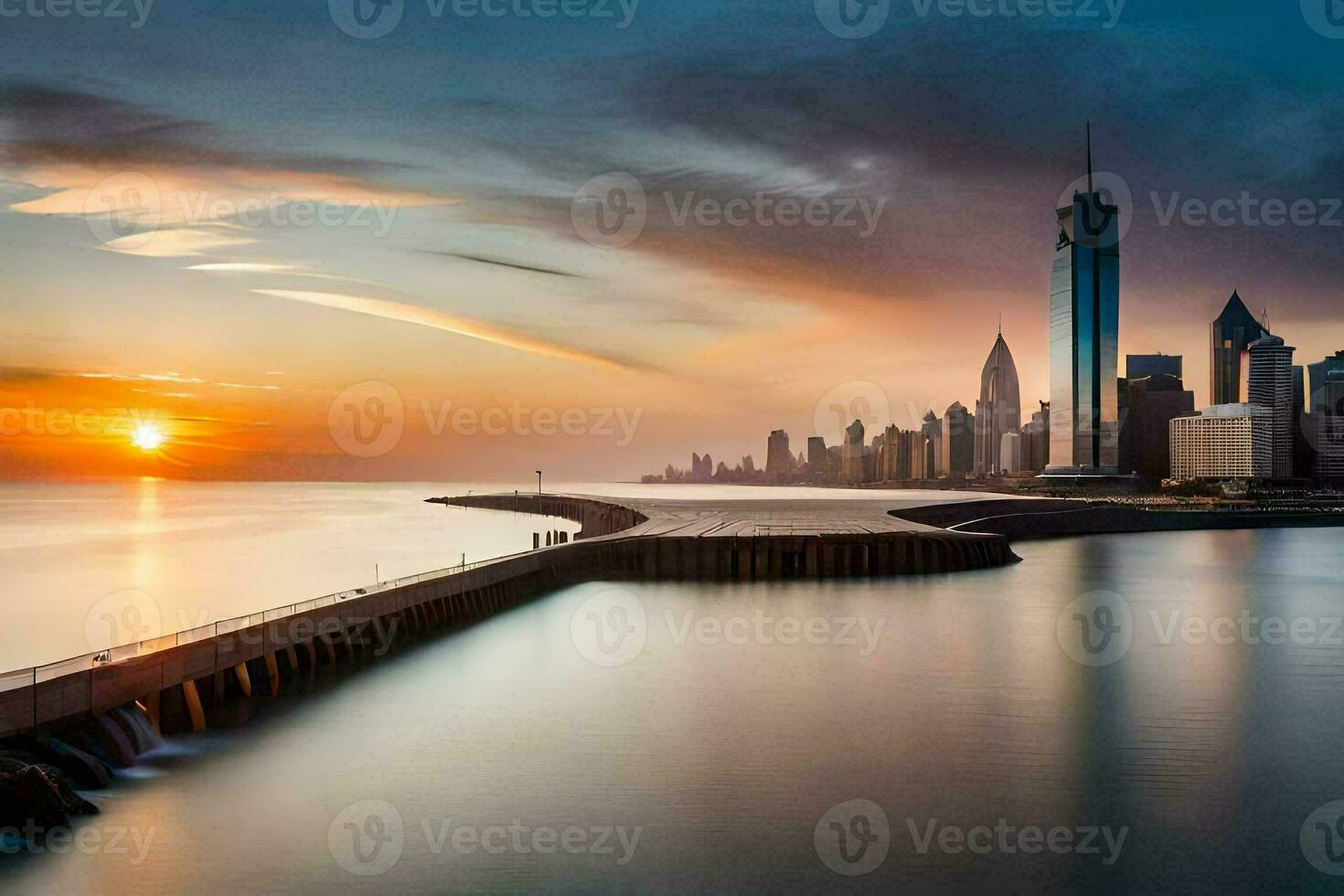 the sun rises over the chicago skyline. AI-Generated photo