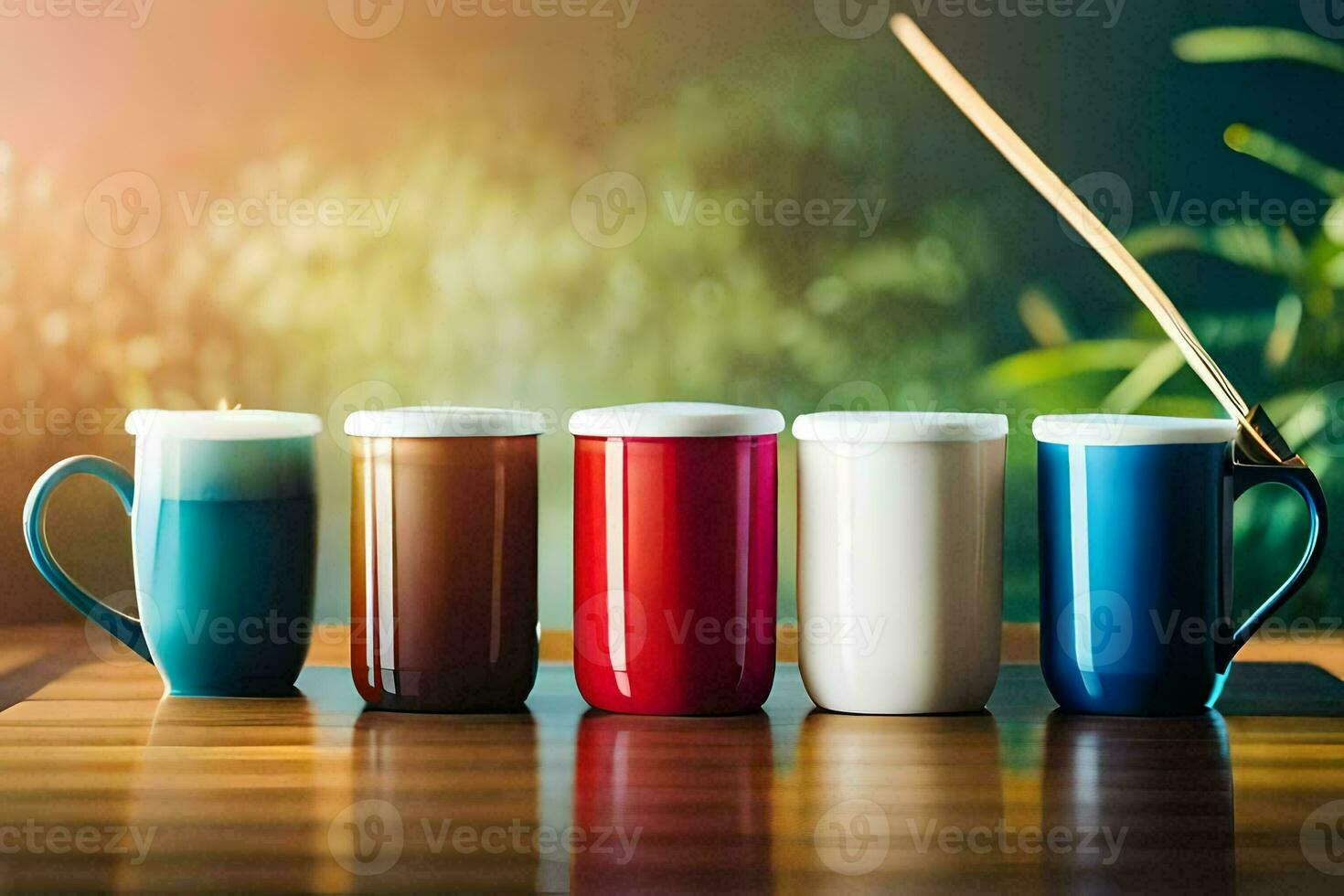 cinco diferente de colores tazas en un de madera mesa. generado por ai foto