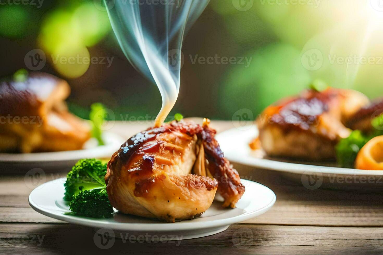 a plate with food on it and a smoke coming out of it. AI-Generated photo