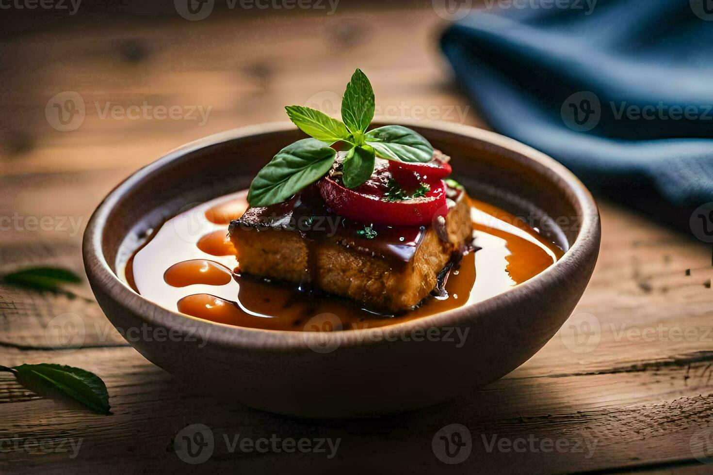 a bowl of food with a piece of tofu in it. AI-Generated photo