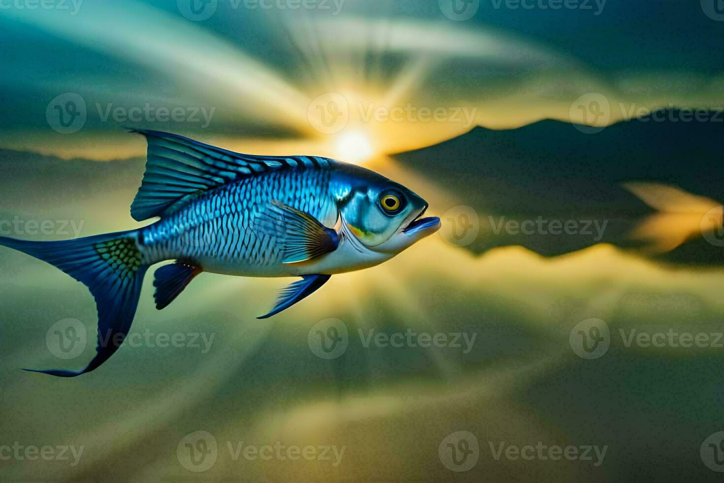 a fish swimming in the water at sunset. AI-Generated photo