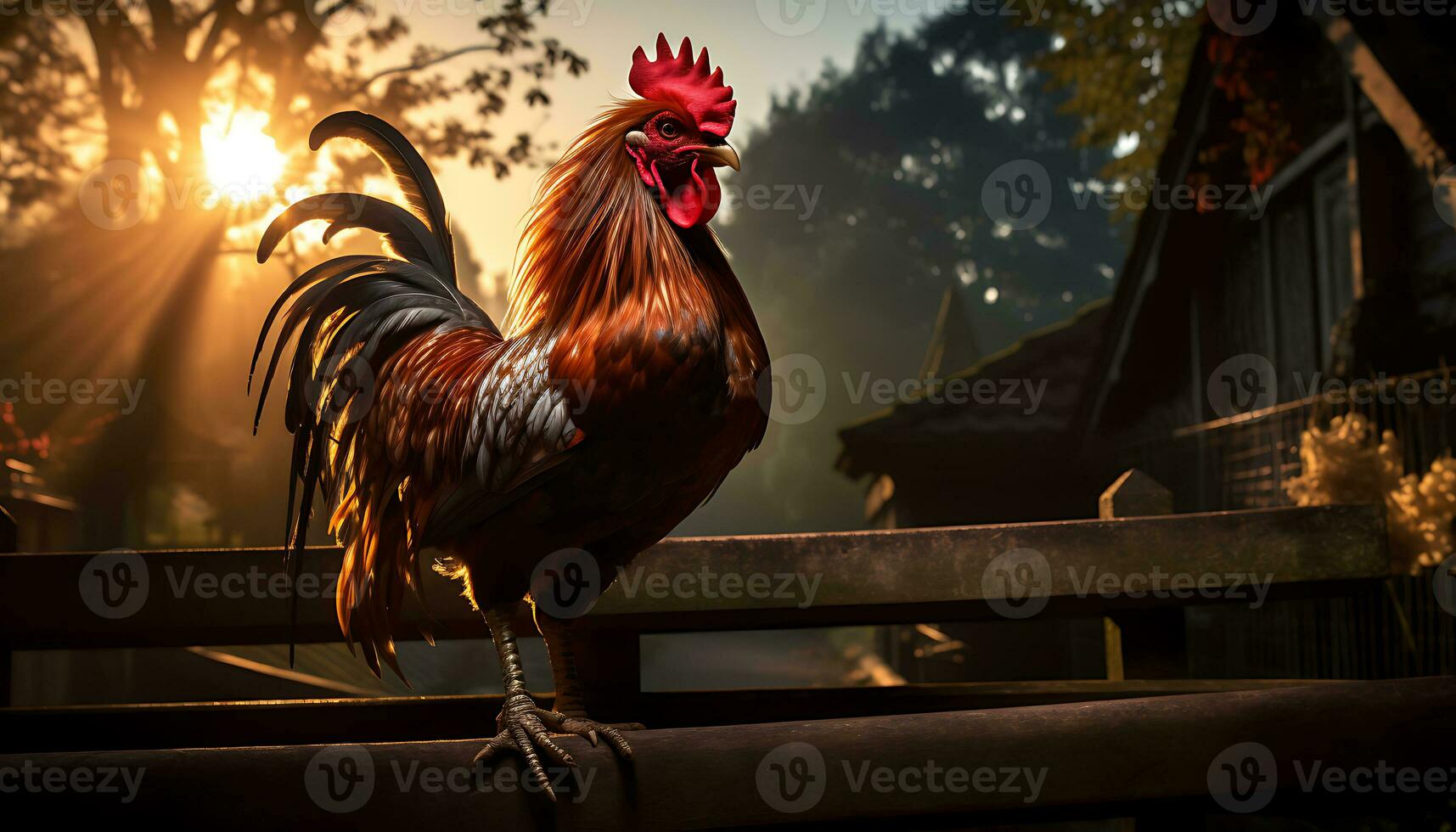 Rooster in the morning sun. Rooster in the morning sun AI Generated photo