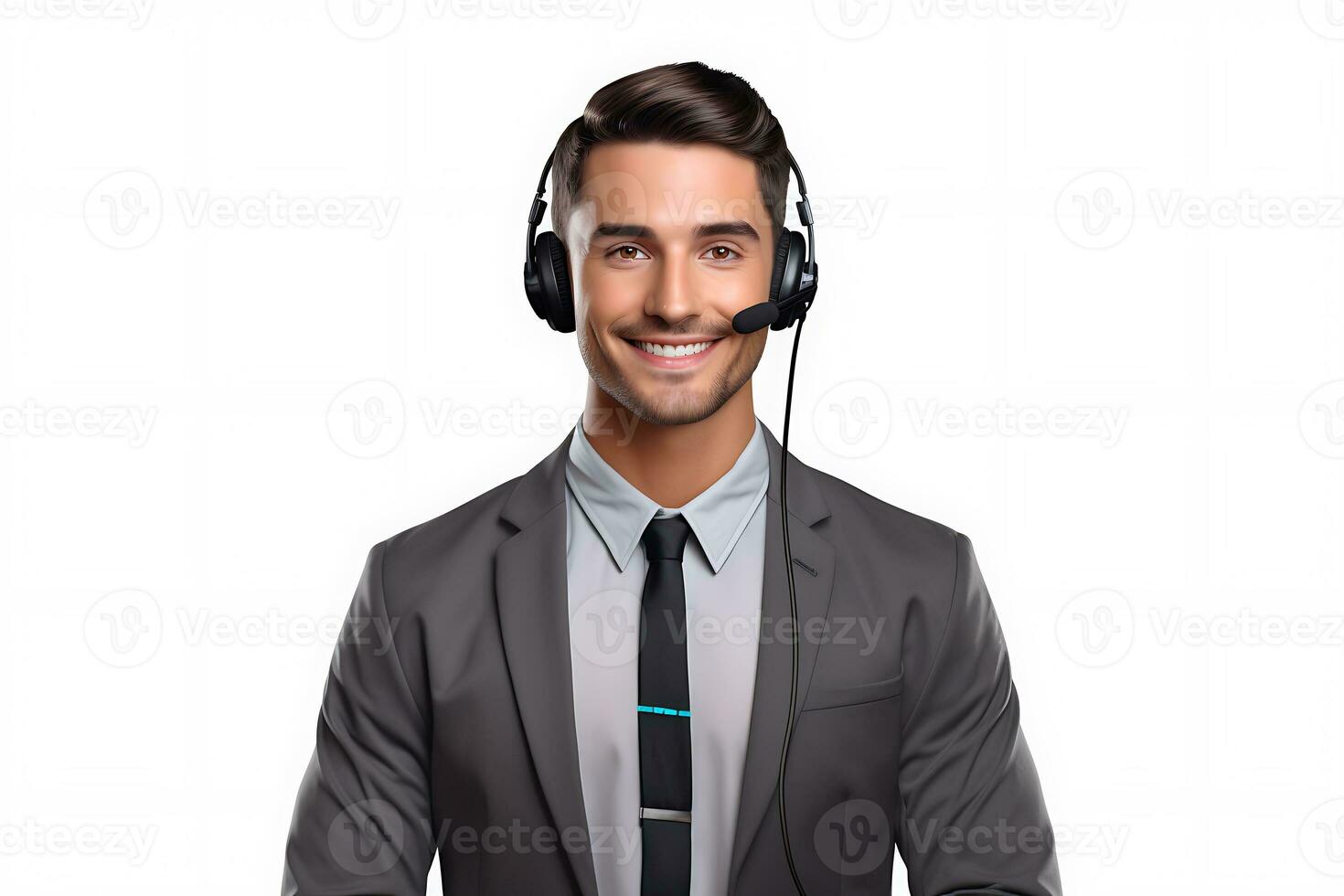 Portrait smiling call center businessman with headset isolated on white background AI Generated photo