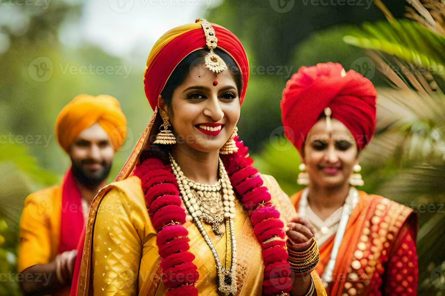 a bride and groom in traditional indian attire. AI-Generated photo