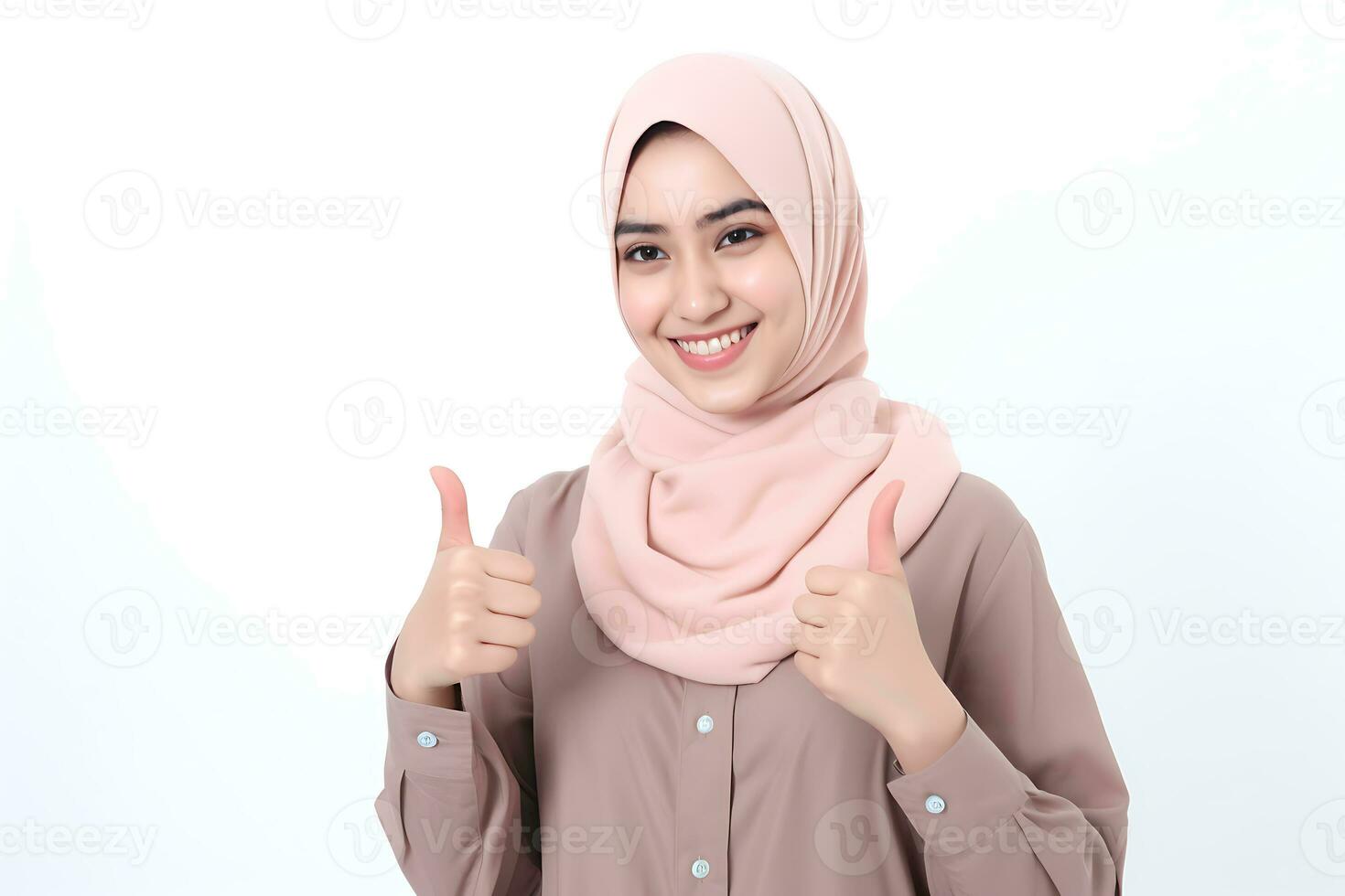 Hijab woman with thumbs up gesture isolated on white background AI Generated photo