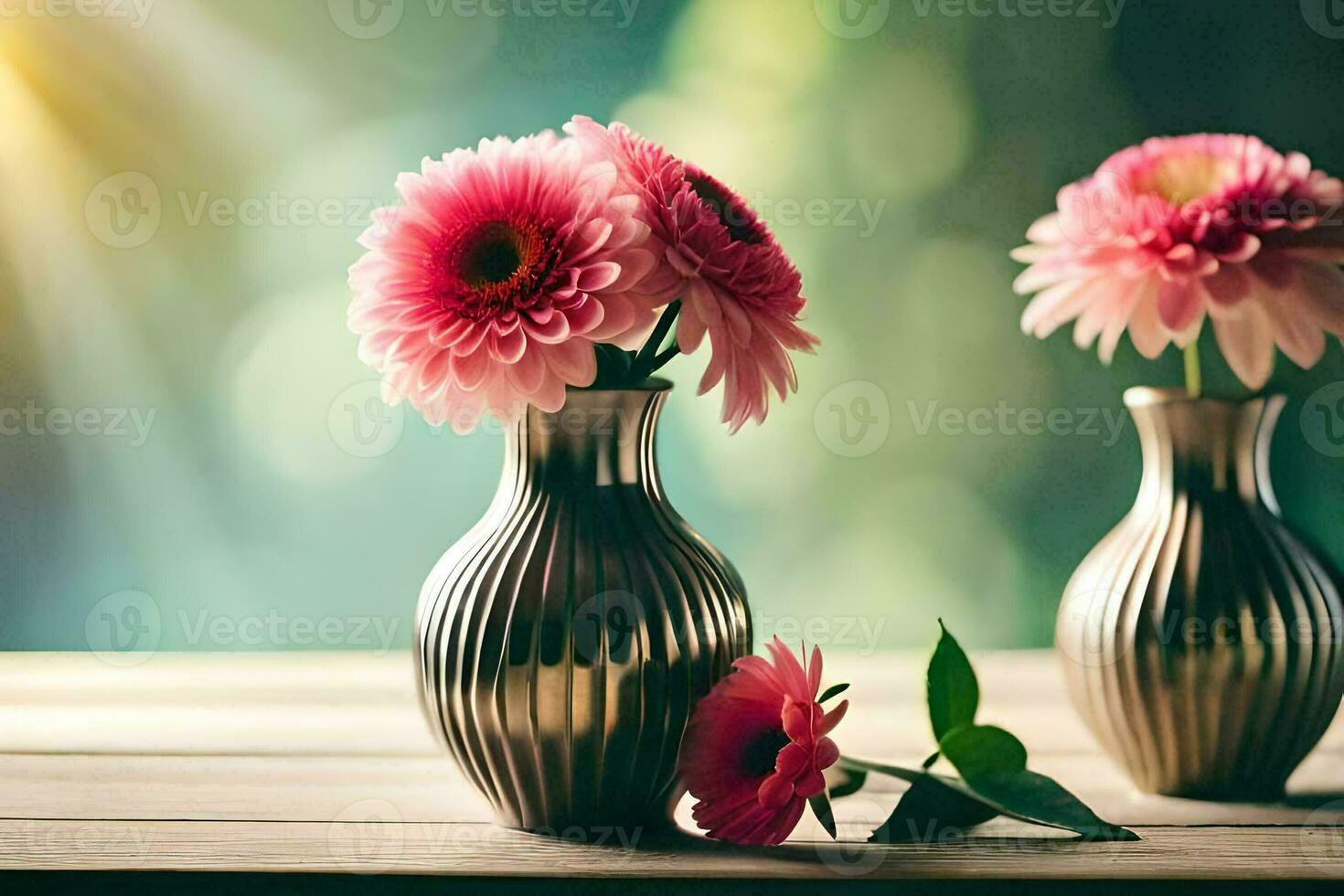 two vases with pink flowers on a table. AI-Generated photo