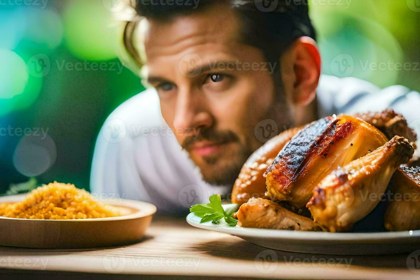 a man is leaning over a plate of chicken. AI-Generated photo