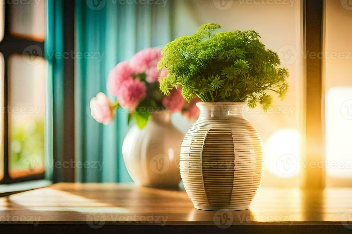 two vases with flowers on a table in front of a window. AI-Generated photo