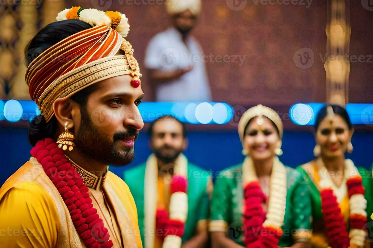 un hombre en tradicional indio atuendo es sonriente a el cámara. generado por ai foto