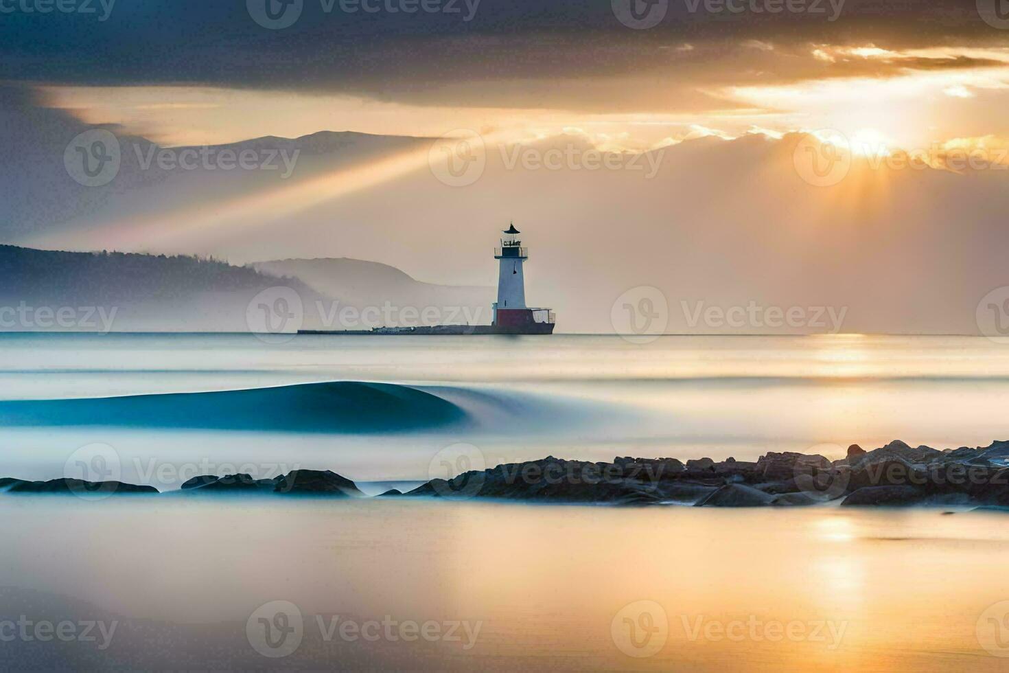 a lighthouse sits on the shore of a body of water with waves. AI-Generated photo