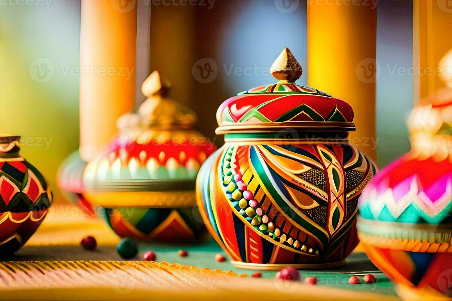 colorful vases on a table with colorful designs. AI-Generated photo