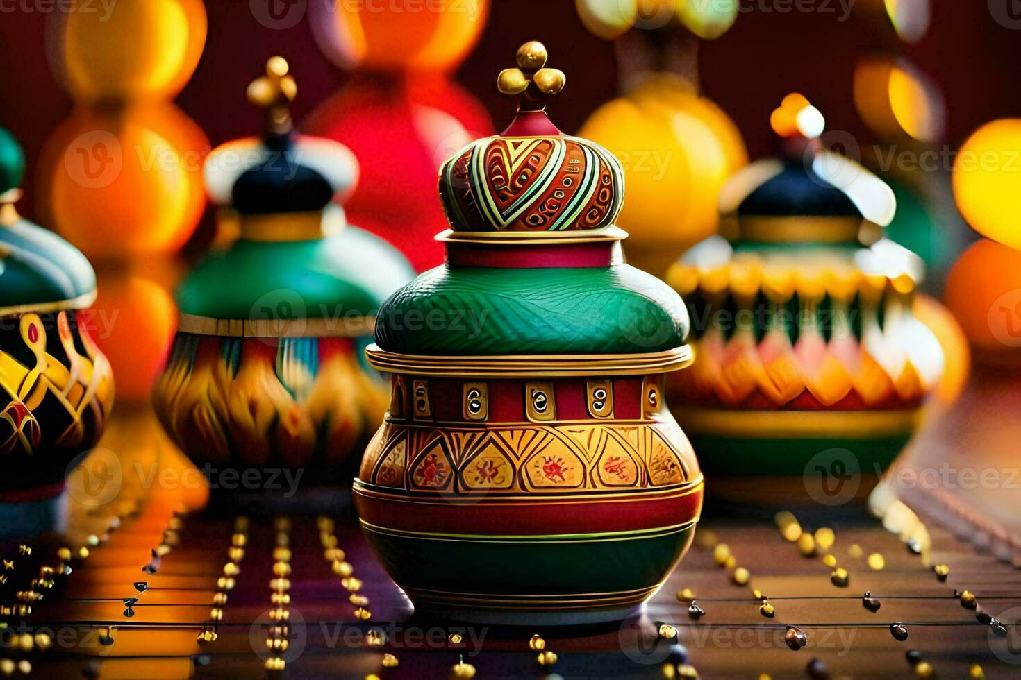colorful ceramic jars with designs on them. AI-Generated photo