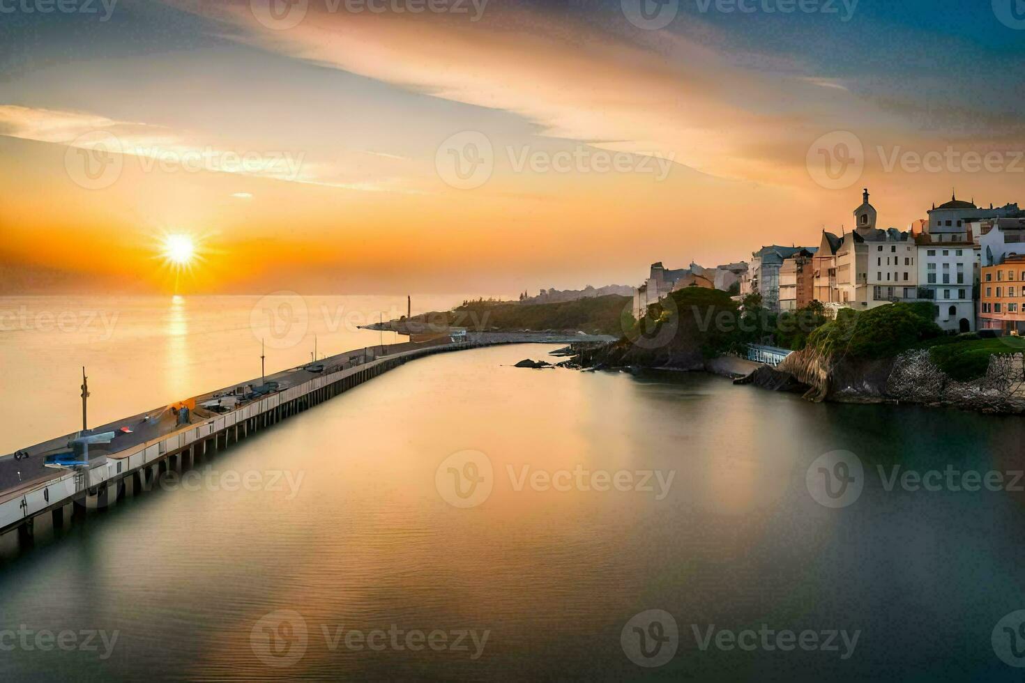 the sun sets over a city and a pier. AI-Generated photo