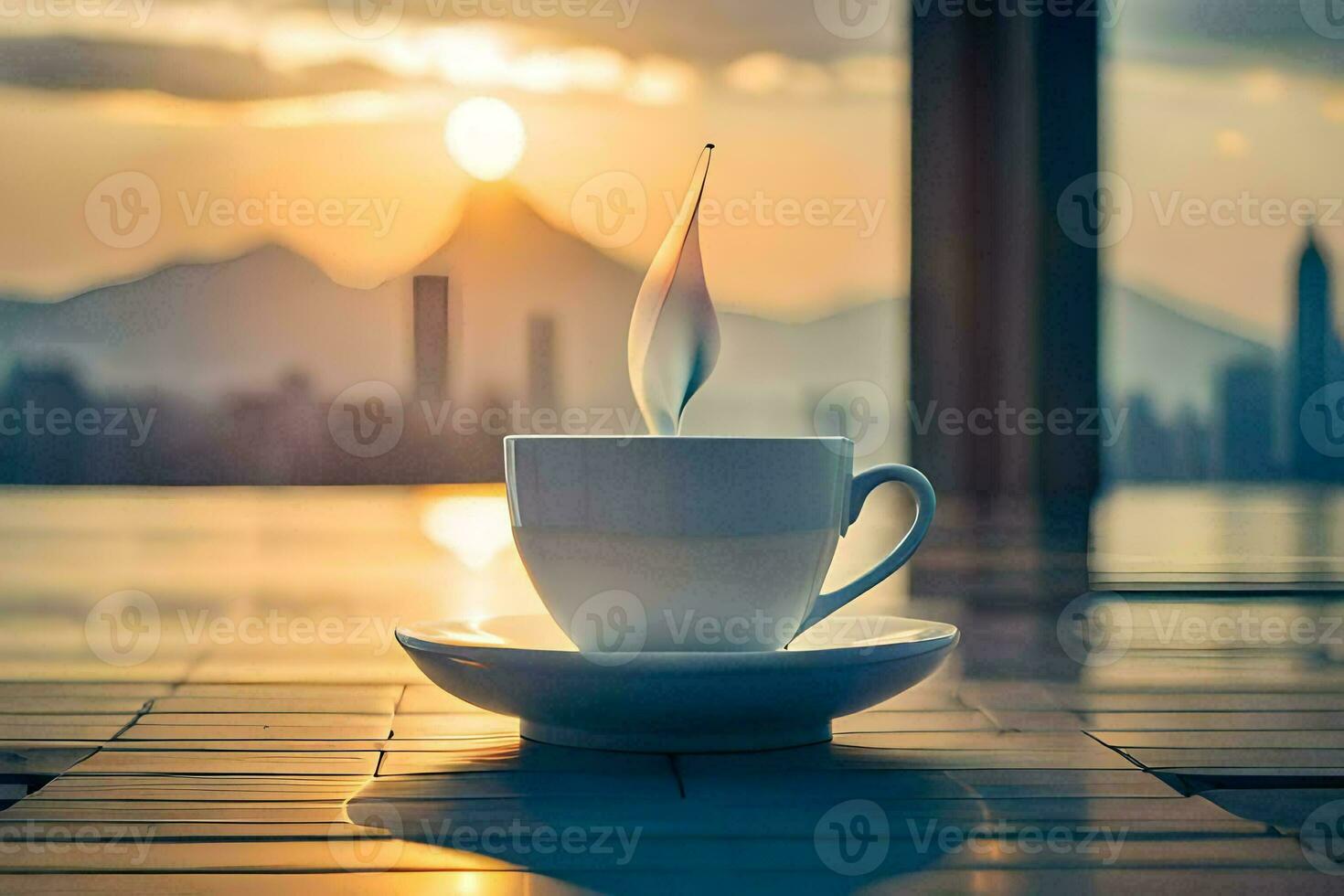 a cup of coffee on a table with a view of the city. AI-Generated photo