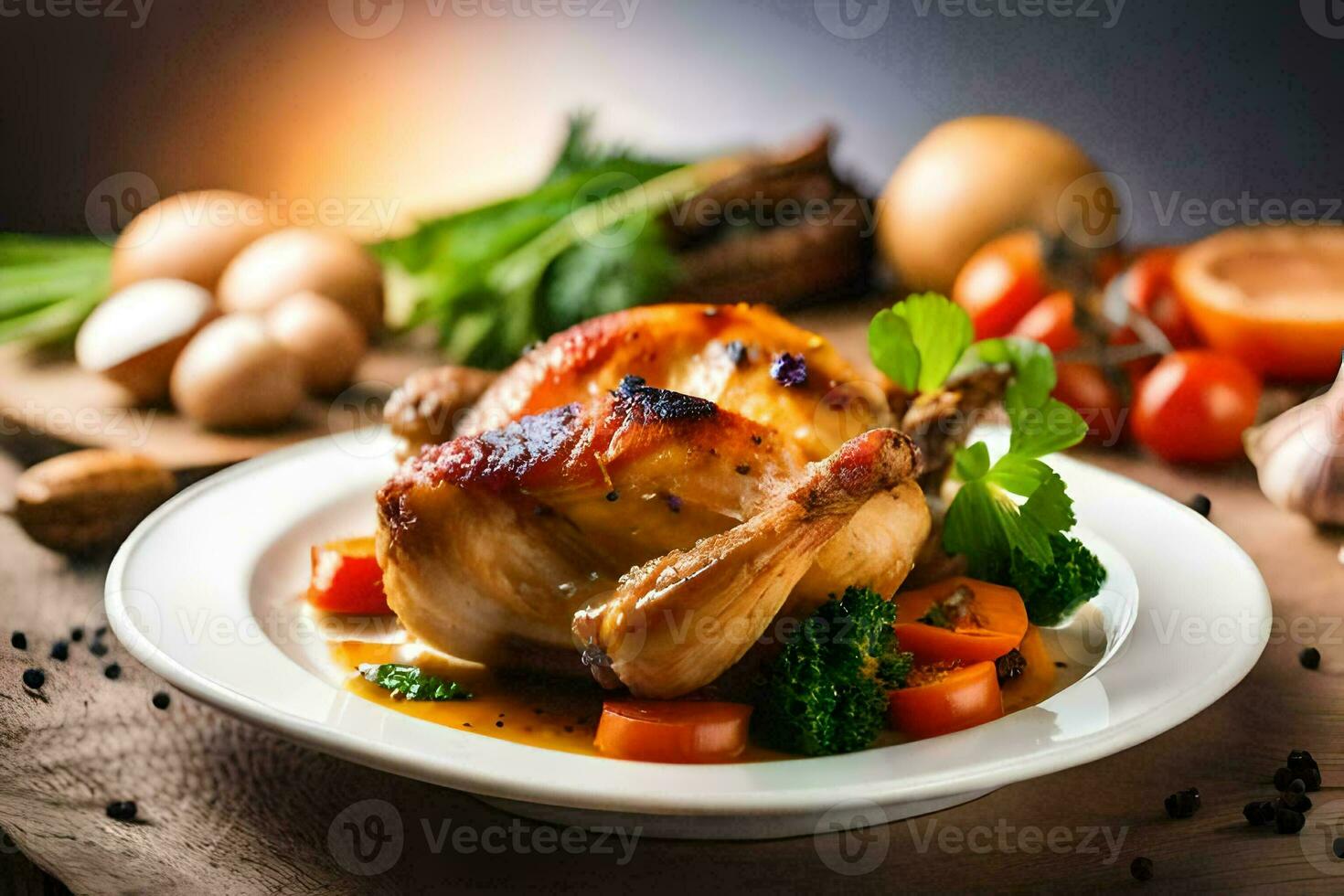 a chicken on a plate with vegetables and other ingredients. AI-Generated photo