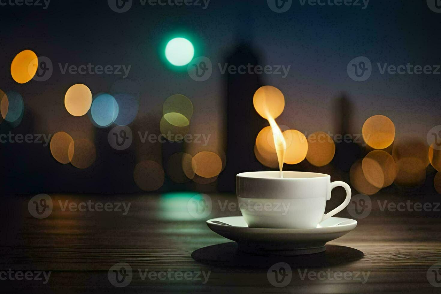 a cup of coffee on a table in front of a cityscape. AI-Generated photo