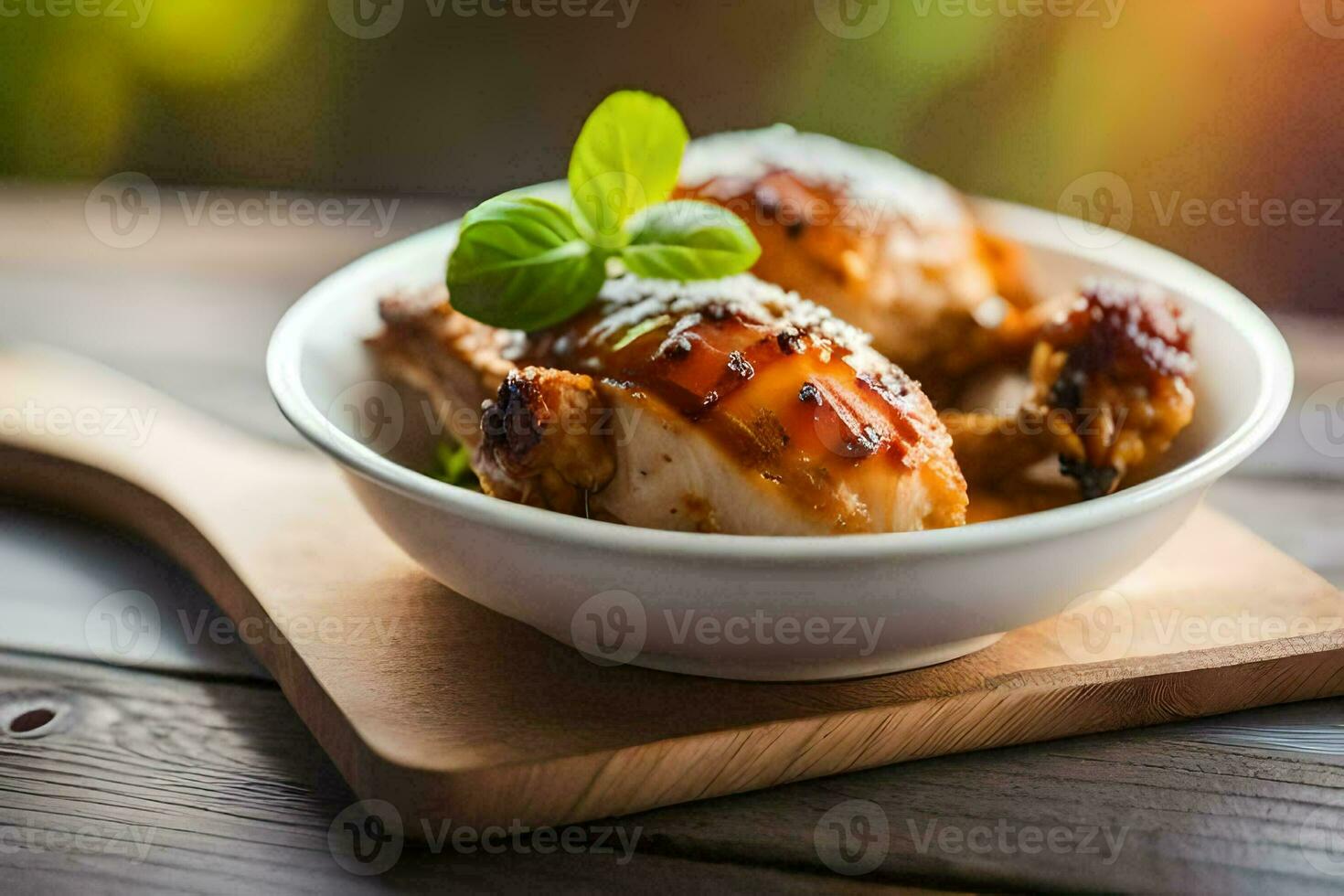 chicken in a bowl on a wooden table. AI-Generated photo