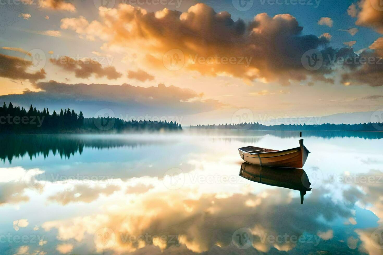 a boat is floating on a calm lake at sunset. AI-Generated photo