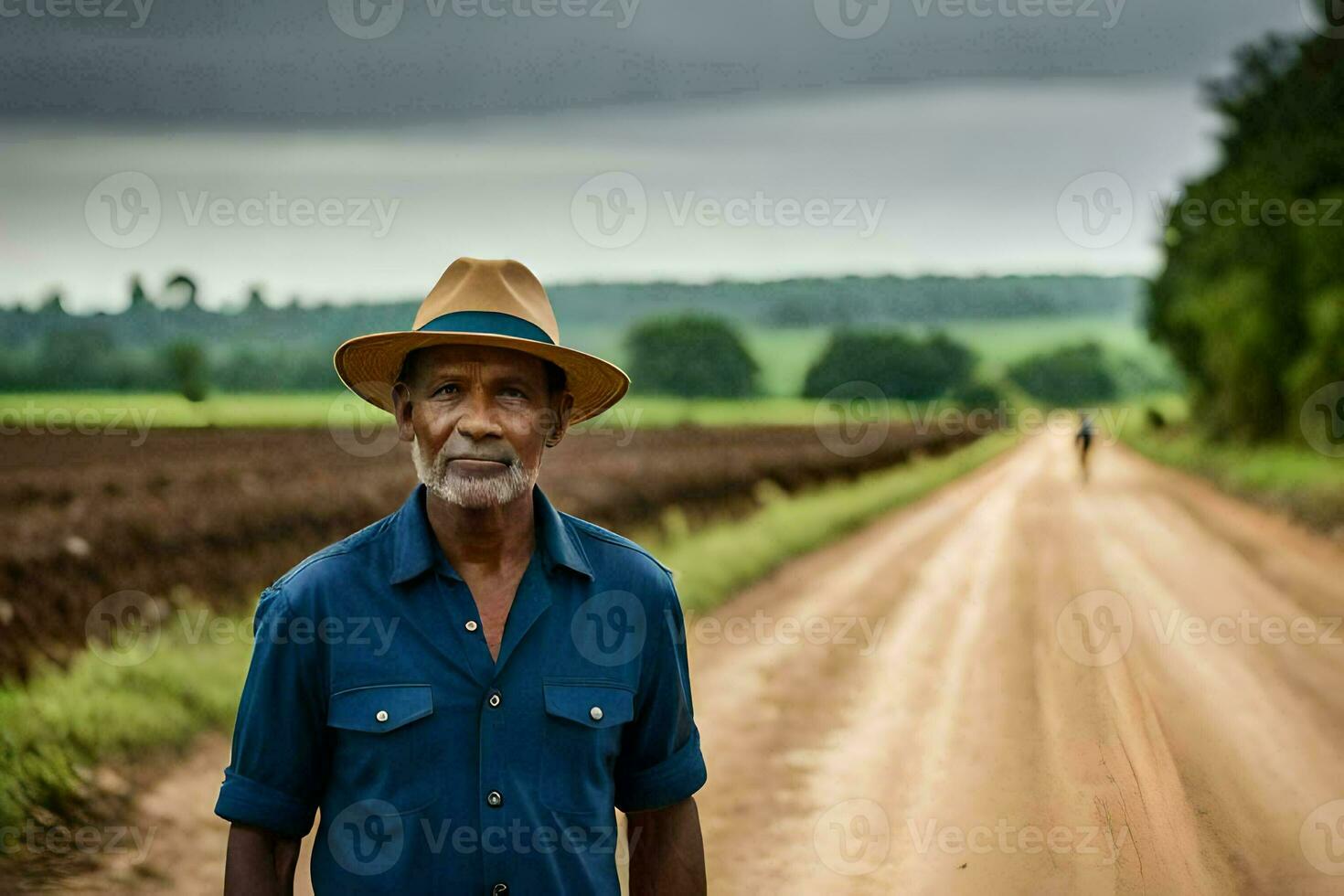 a man in a hat standing on a dirt road. AI-Generated photo