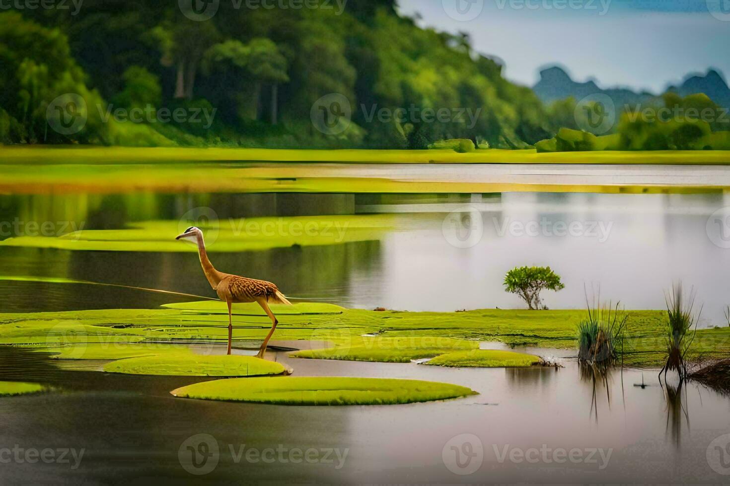 un pájaro es en pie en el borde de un lago. generado por ai foto