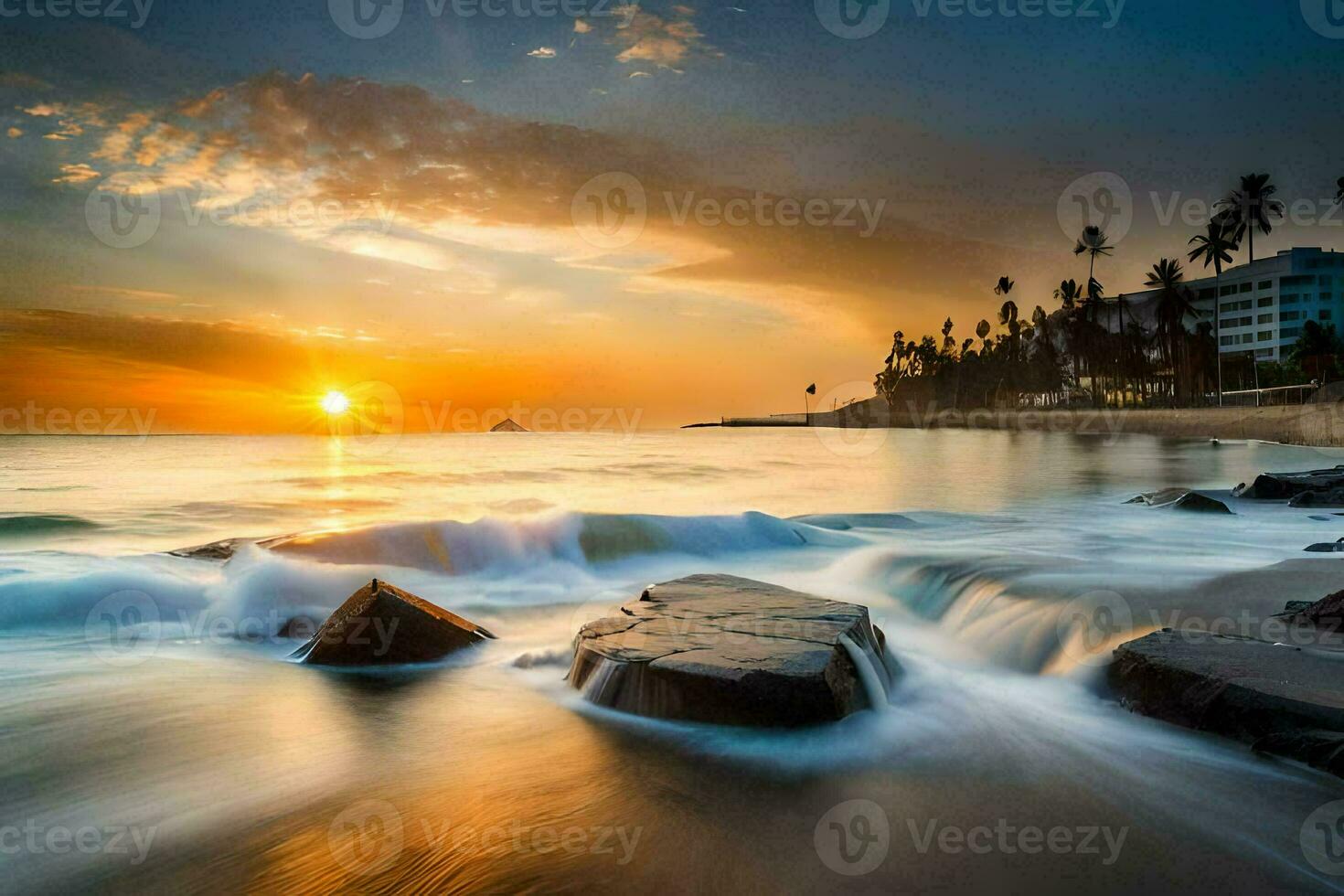 the sun sets over the ocean and rocks in the water. AI-Generated photo