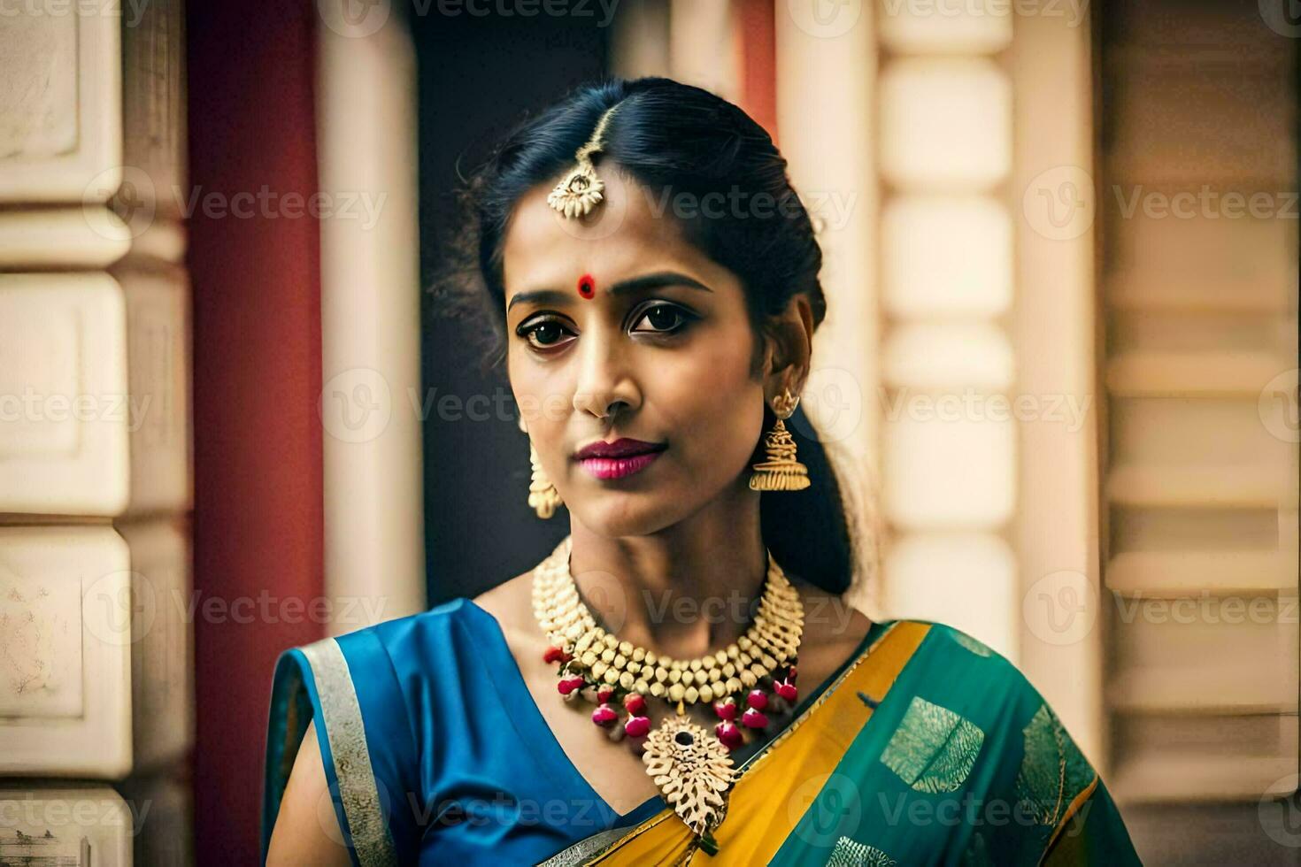 a woman in a sari with jewelry. AI-Generated photo