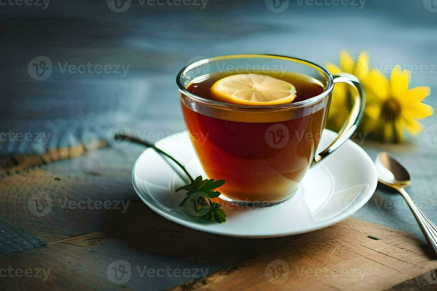 a cup of tea with lemon and a spoon. AI-Generated photo