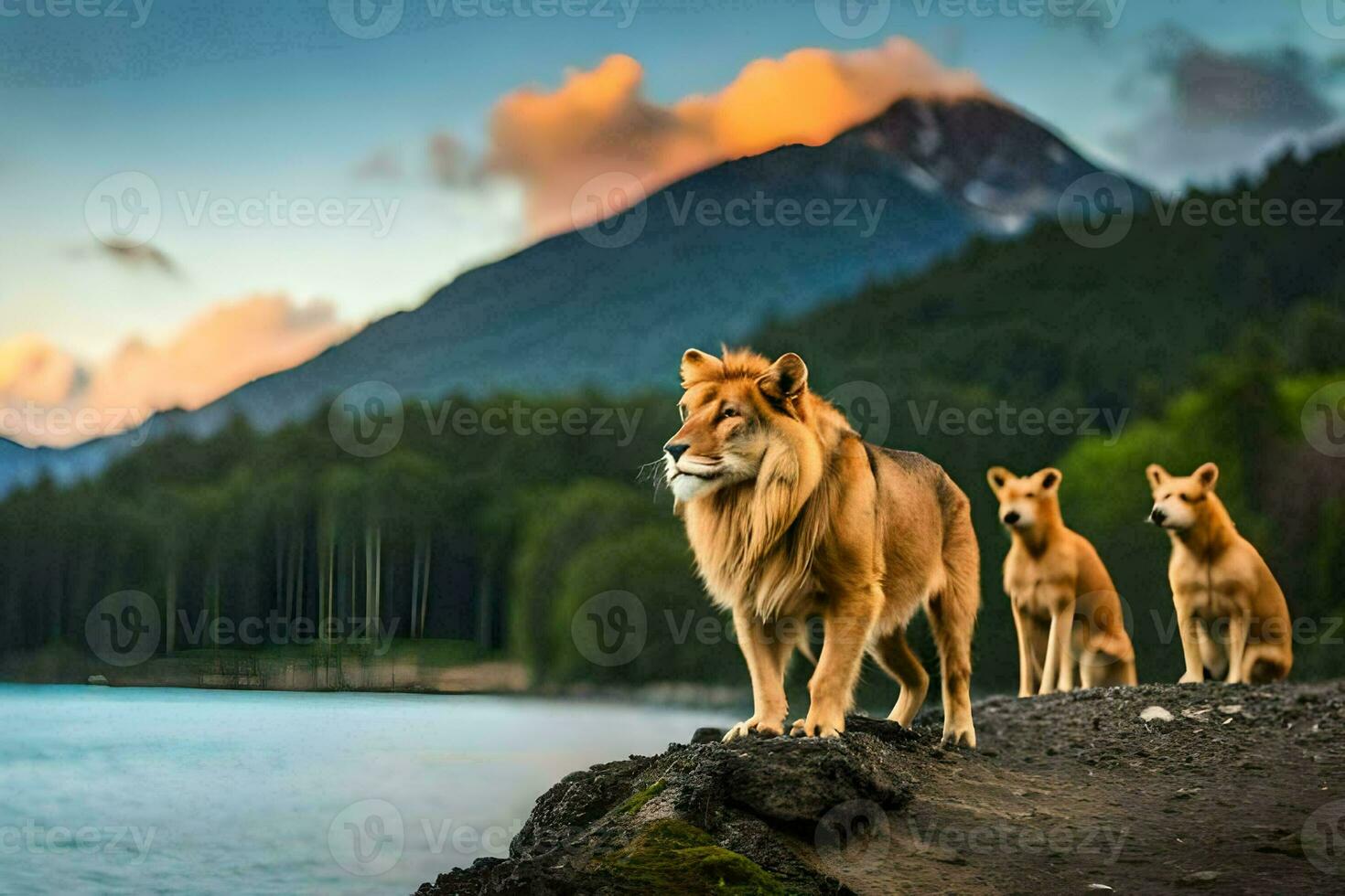 three lions standing on the edge of a lake. AI-Generated photo