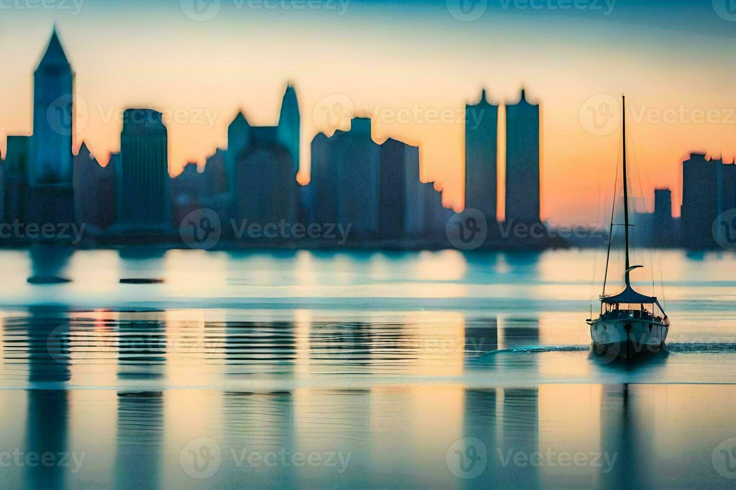 a boat is sailing in the water near a city skyline. AI-Generated photo