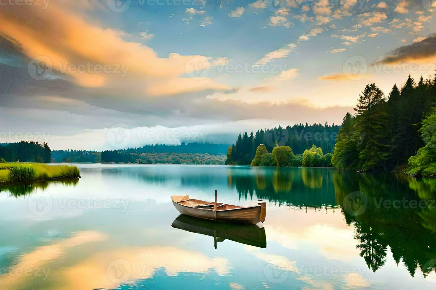 a boat is floating on the calm waters of a lake. AI-Generated photo