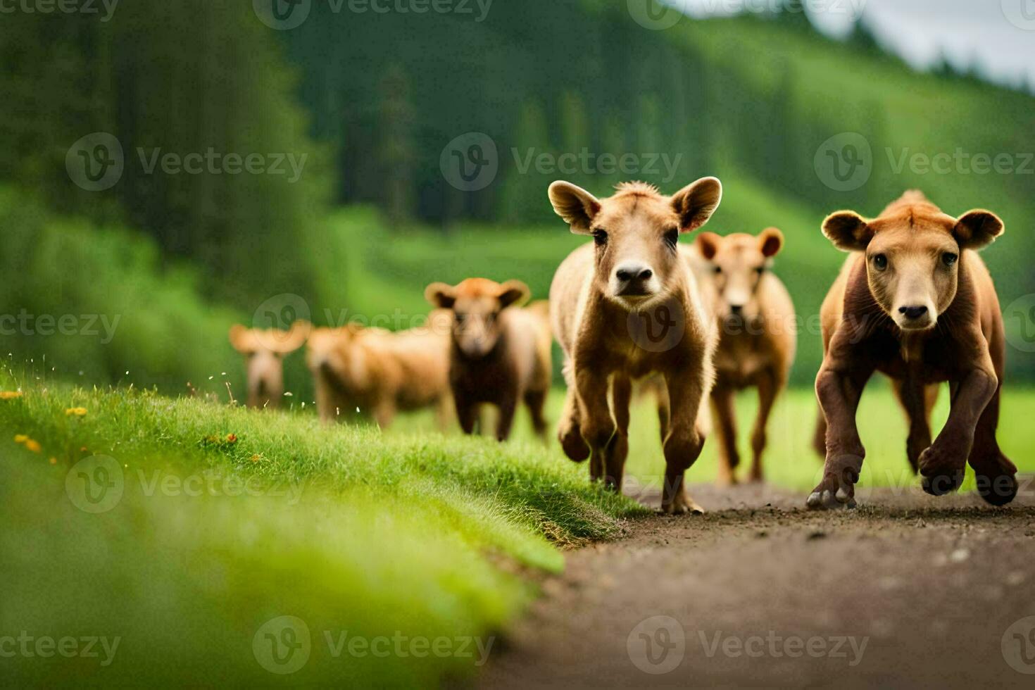 a herd of brown cows walking down a road. AI-Generated photo