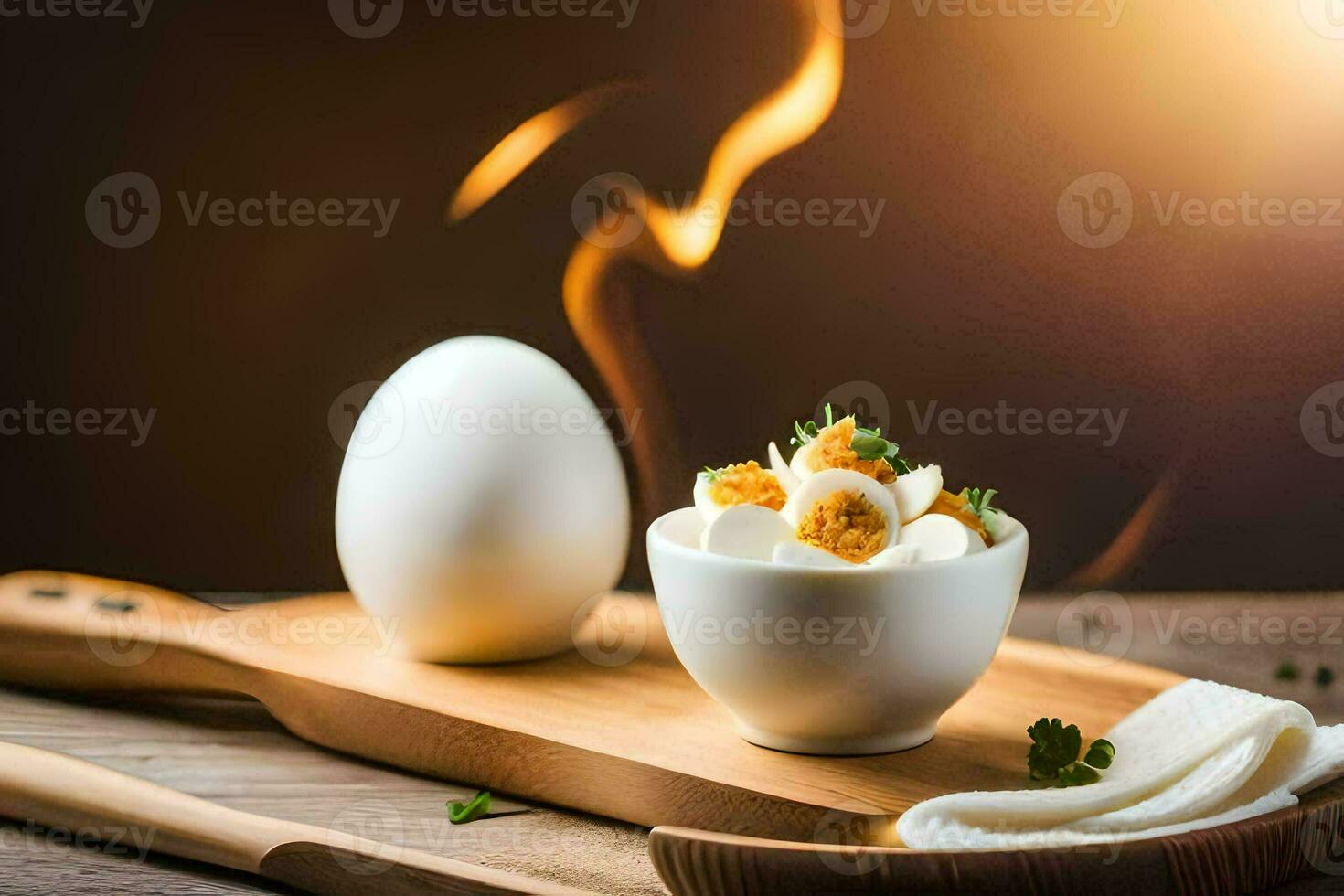 two eggs in a bowl with a wooden spoon. AI-Generated photo