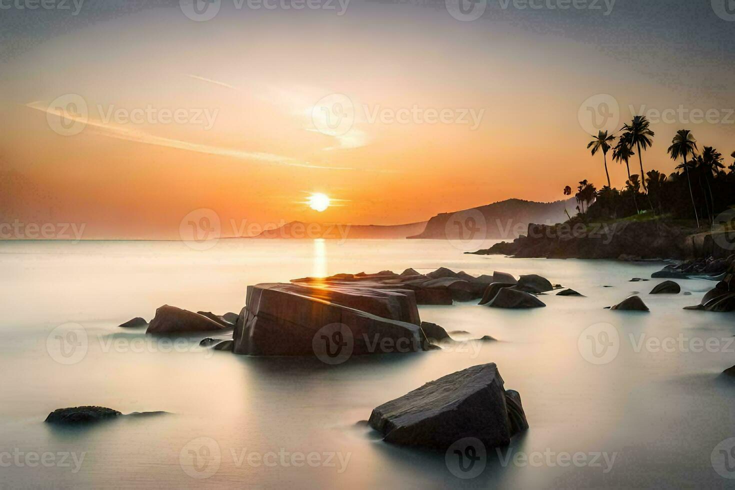 the sun sets over the ocean and rocks. AI-Generated photo
