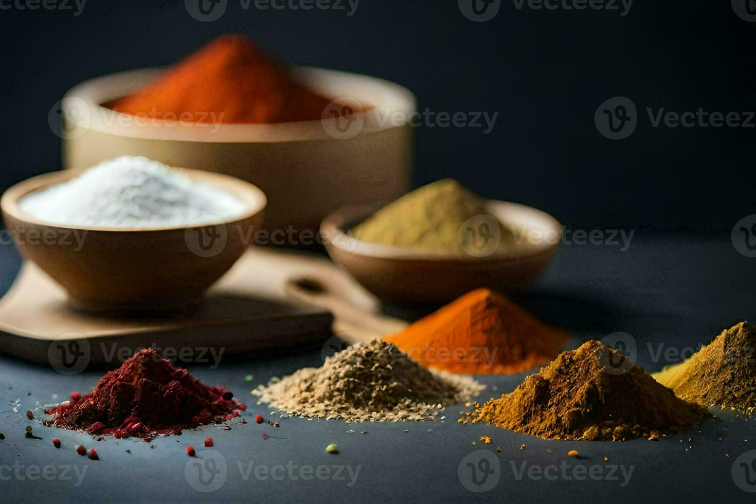 various spices and spices in bowls on a black background. AI-Generated photo