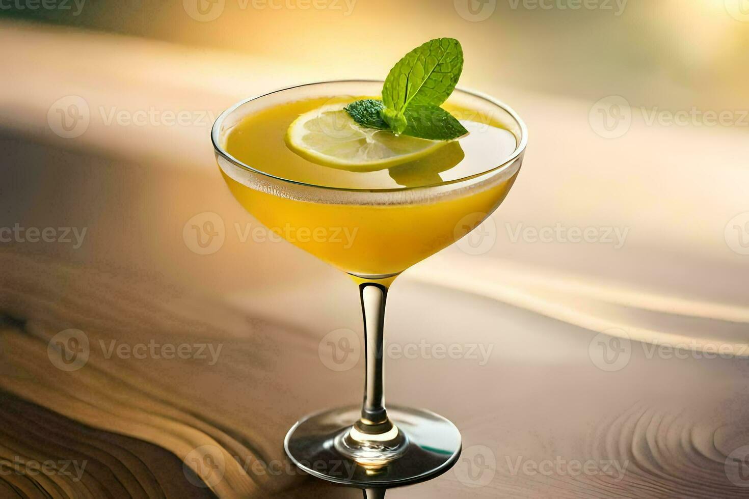 un cóctel con un limón rebanada y menta. generado por ai foto