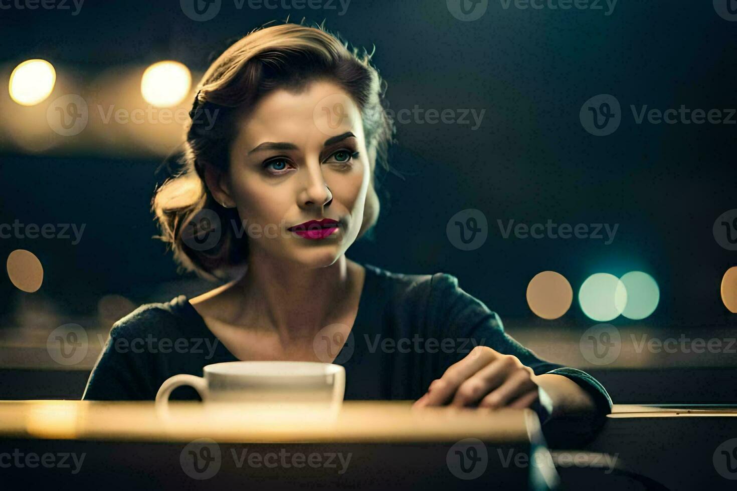 a woman is sitting at a table with a cup of coffee. AI-Generated photo