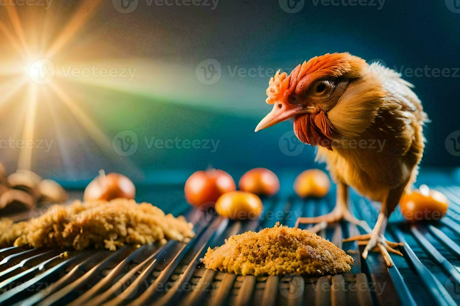 a chicken is standing on a grill with food. AI-Generated photo