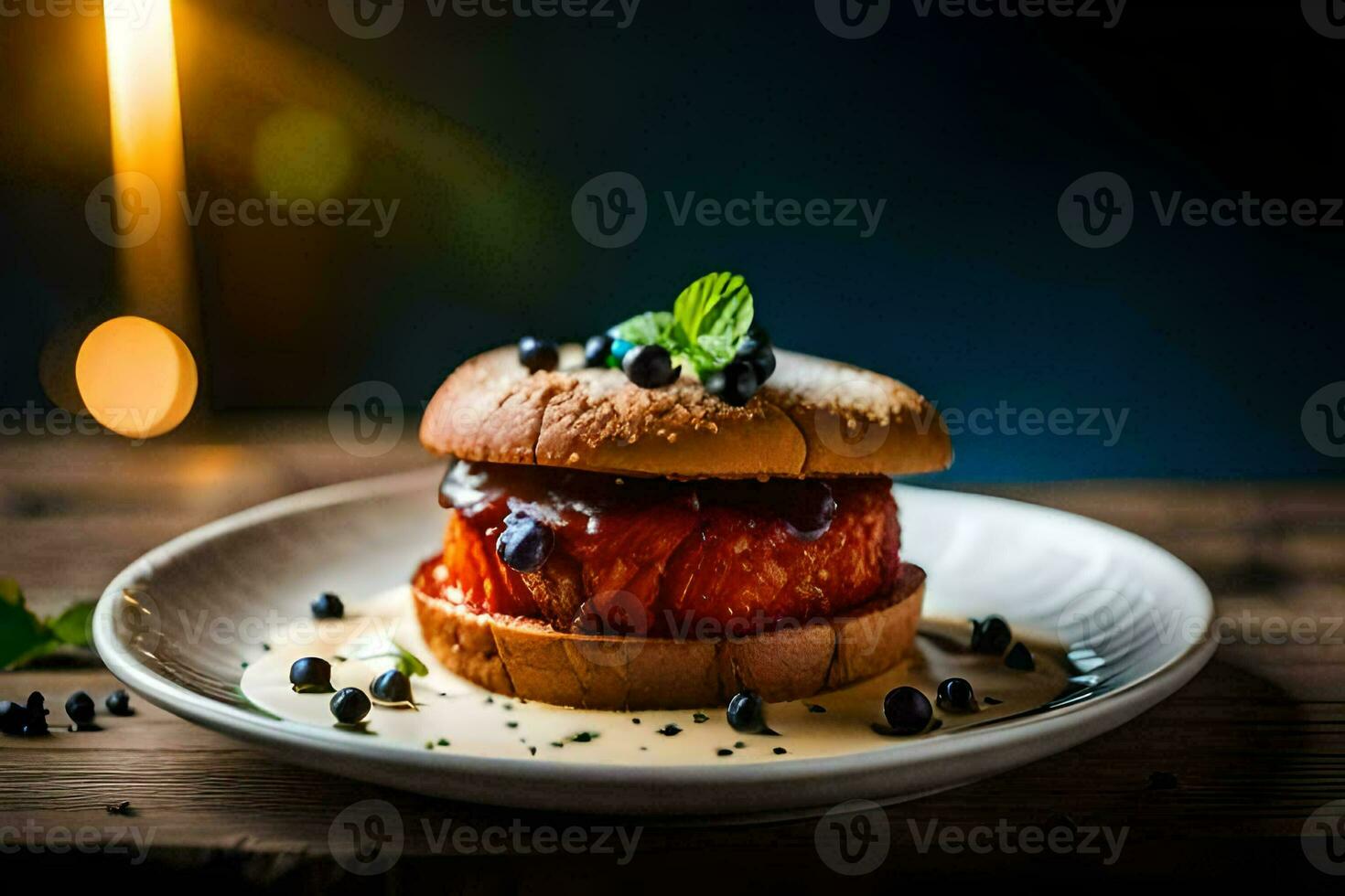 a hamburger with tomato sauce and blueberries on a plate. AI-Generated photo