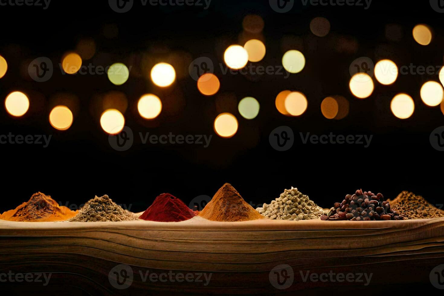 especias en un de madera tablón con luces en el antecedentes. generado por ai foto